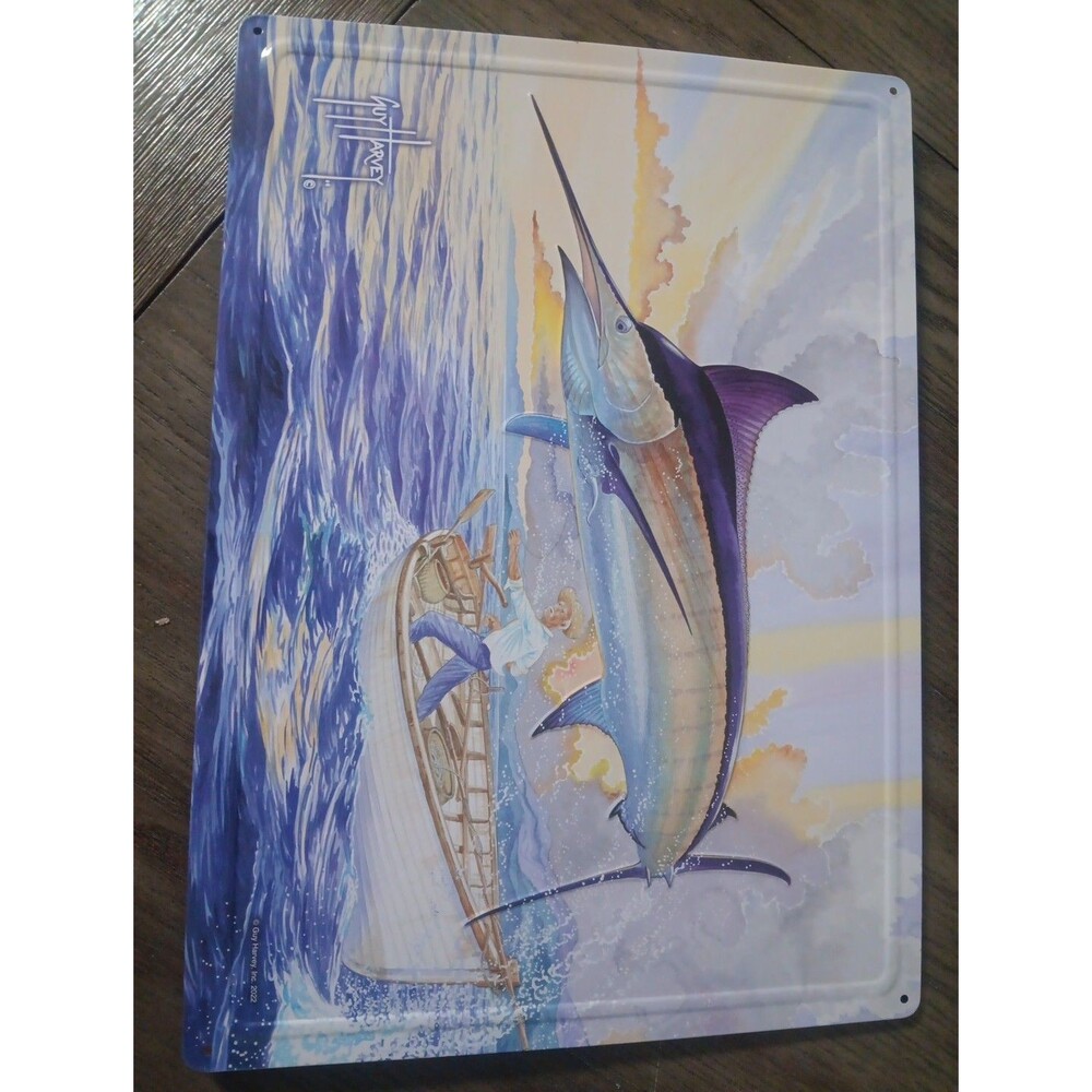 Guy Harvey Blue Marlin Old Man and the Sea Metal Sign. 12”x17”.